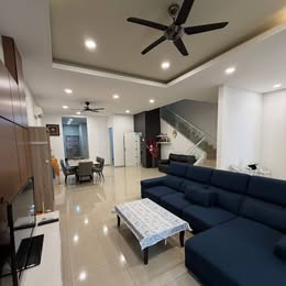 Long furnished lounge and dining space
